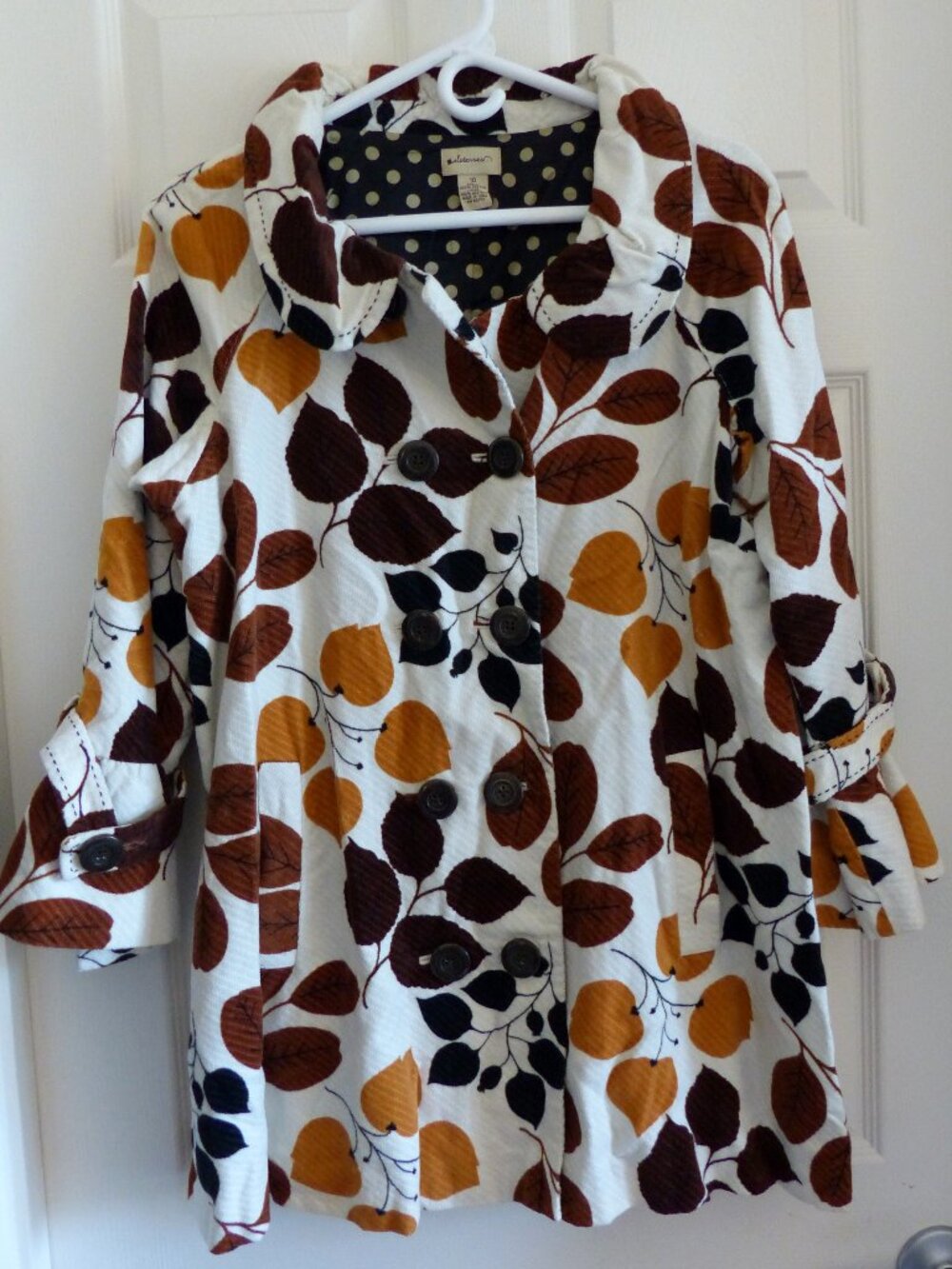 Anthropologie Changing Colors Fall Leaf Print Corduroy Swing Coat